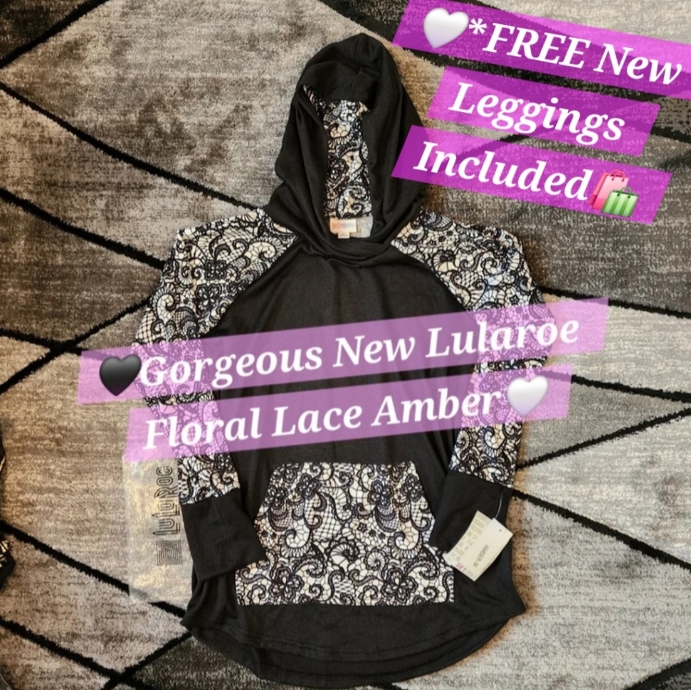 Lularoe Floral Black Lace Amber Hoodie Pullover Medium New Unicorn Rare Large